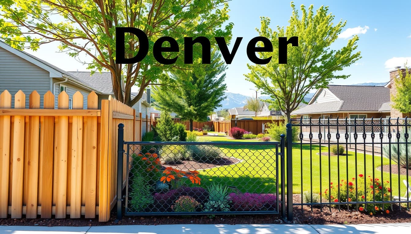 a serene urban landscape in denver, showcasing a variety of fences including wooden picket, chain link, and decorative metal styles. the scene features residential homes with vibrant gardens, sunny skies, and nearby mountains in the background, emphasizing the theme of home improvement and outdoor aesthetics.