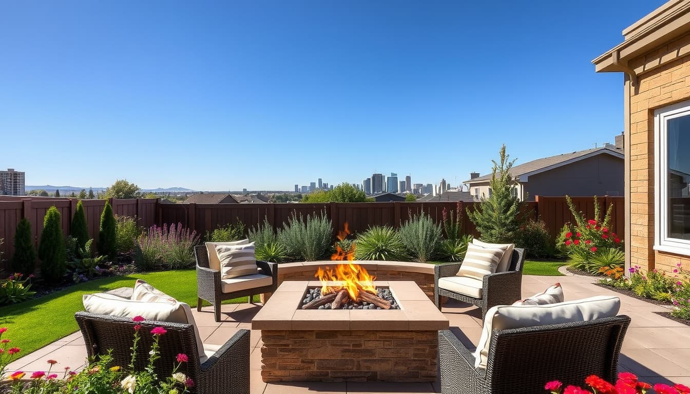 a serene backyard scene in denver featuring a beautifully designed fire pit surrounded by comfortable seating, lush greenery, and vibrant flowers, under a clear blue sky. the setting is warm and inviting, with a hint of urban skyline in the background, conveying a cozy outdoor retreat atmosphere.
