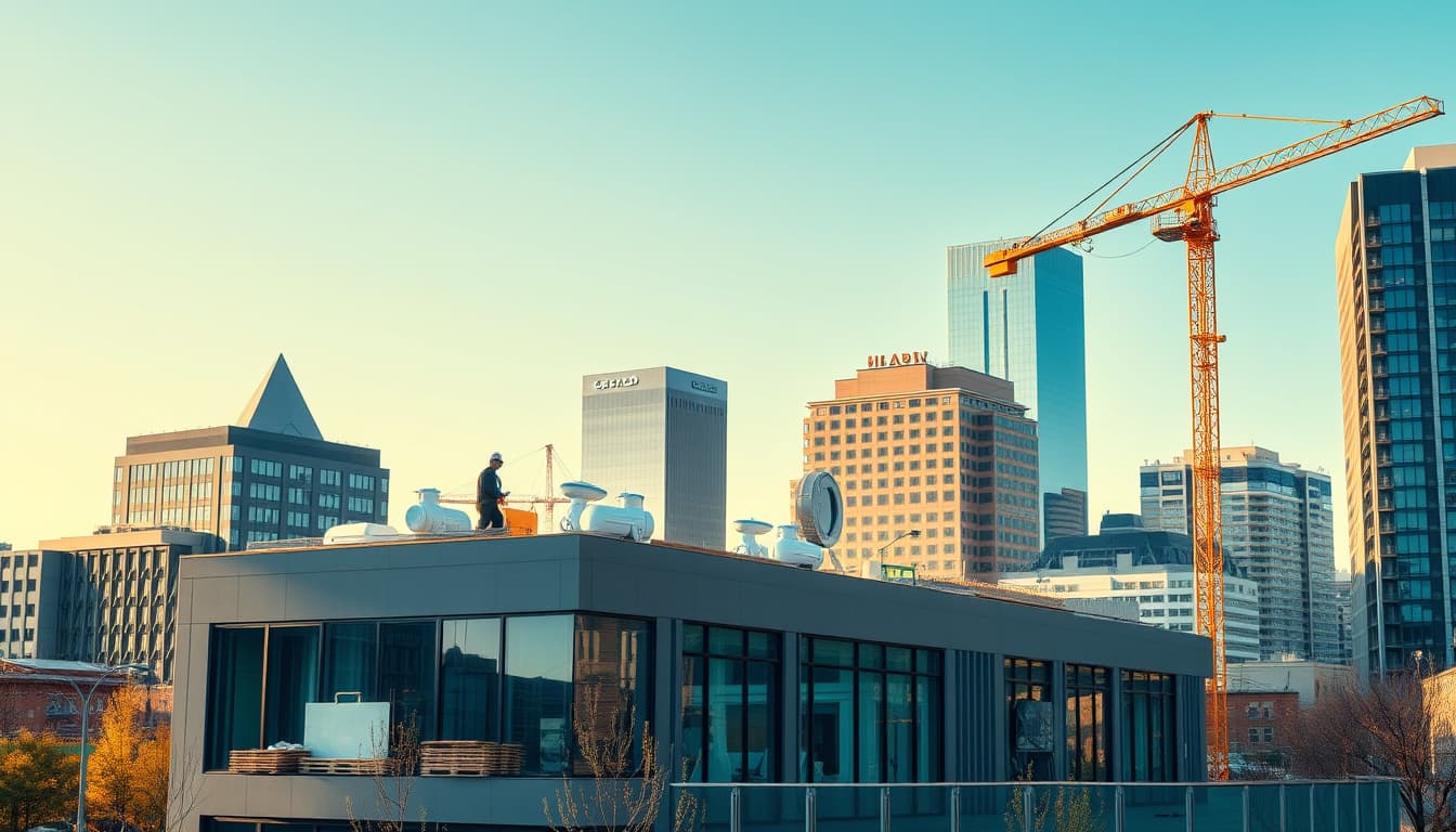 an urban scene in denver showcasing a modern smart home installation, featuring sleek smart devices, eco-friendly technology, and construction elements, with city buildings and a clear blue sky in the background. the atmosphere emphasizes innovation and urban living.