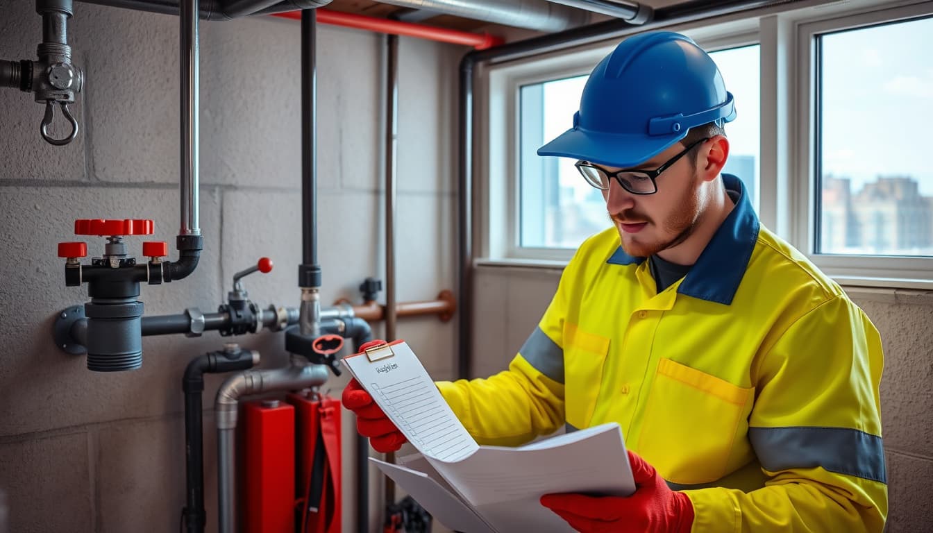 a plumber inspecting pipes in a residential basement in denver, showcasing modern plumbing tools, a checklist, and well-organized plumbing systems. the setting includes details of the denver skyline visible through a window, emphasizing compliance and professionalism in home maintenance.