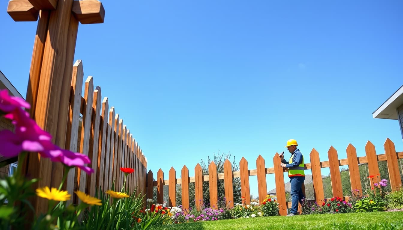 a serene backyard in denver featuring a well-maintained wooden fence, surrounded by vibrant flowers and a clear blue sky. the scene conveys a sense of careful maintenance and inspection, with subtle highlights on fence posts and a friendly inspector examining the structure.