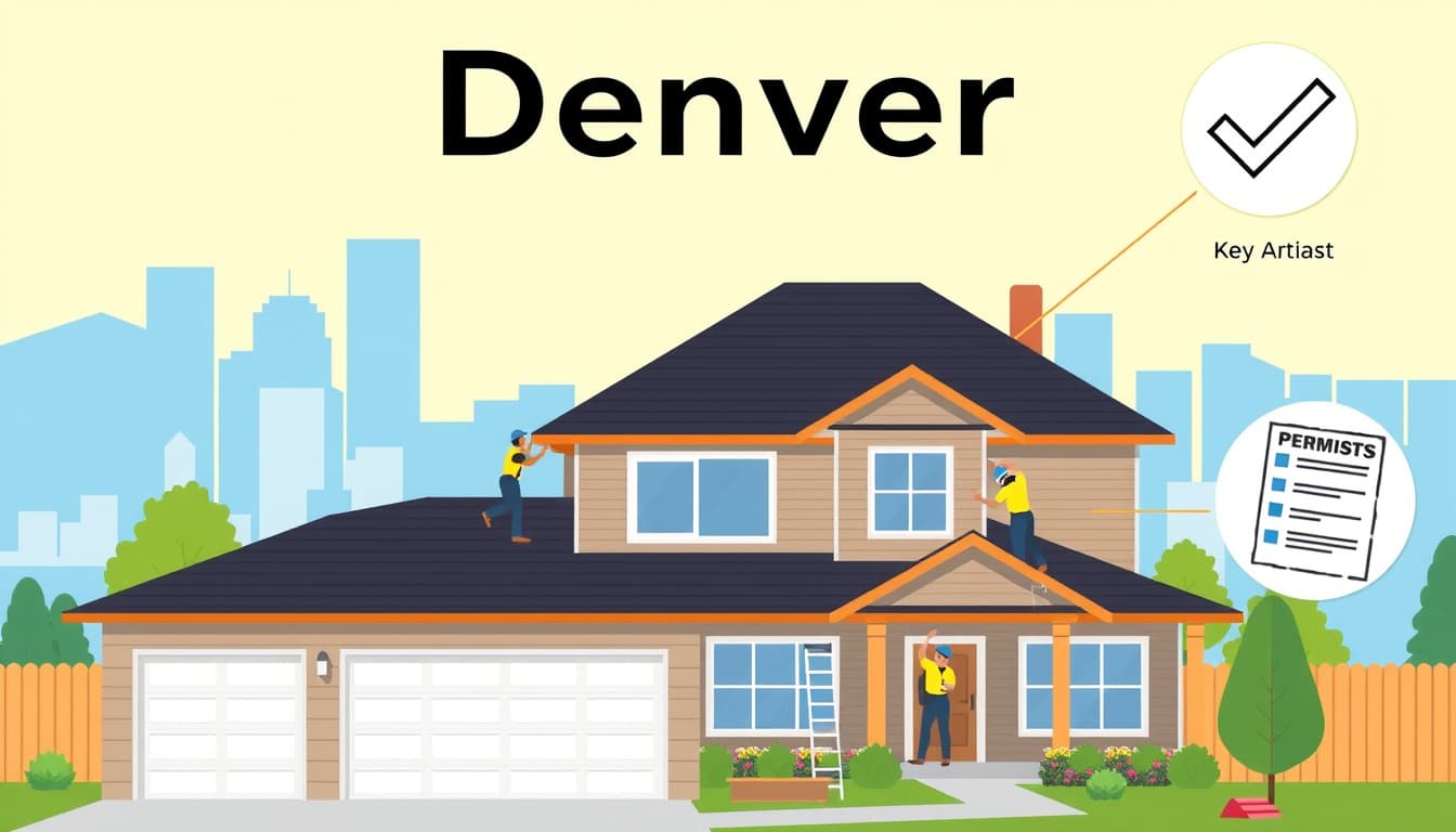 a detailed illustration of a suburban house undergoing siding replacement with construction workers actively installing new siding, against a backdrop of the denver skyline and blue sky, highlighting city permits and regulations with visual symbols like a checklist and tools.