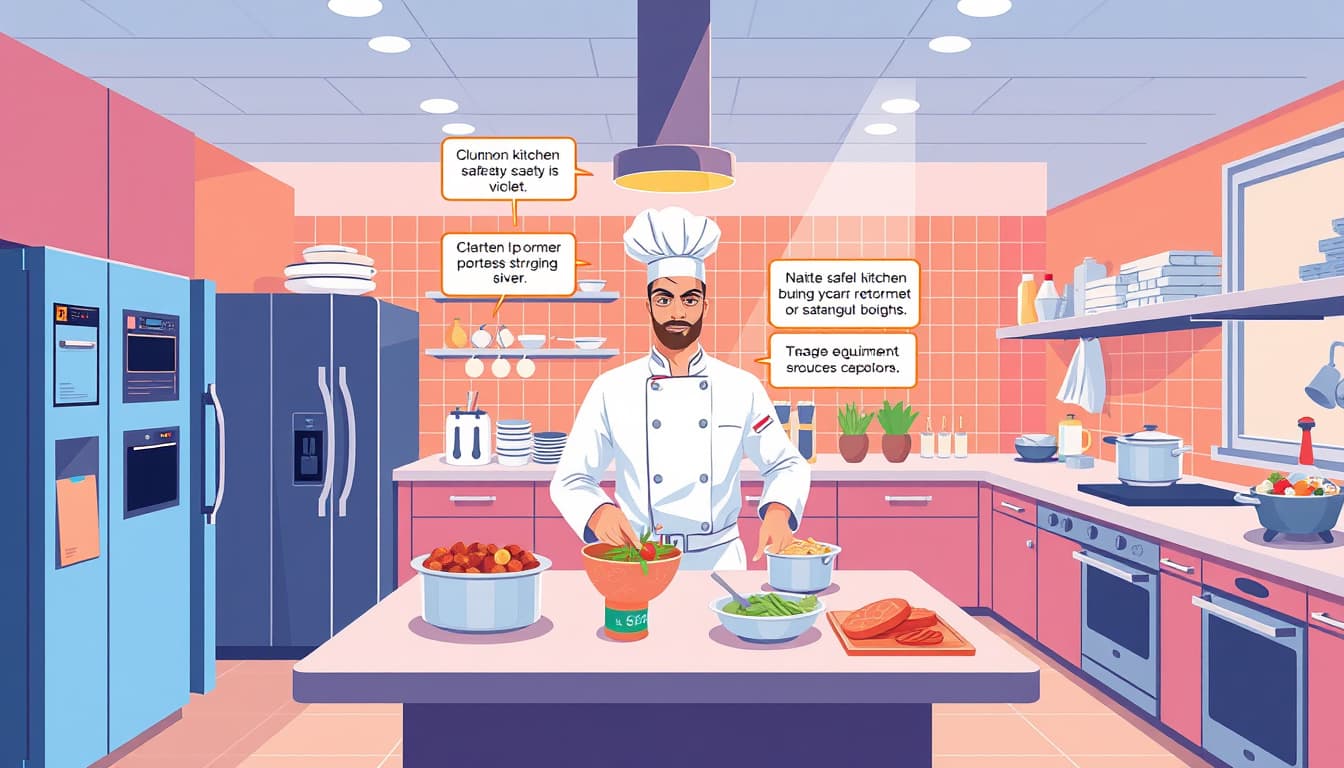 an illustration of a modern kitchen in denver, featuring a chef inspecting the space while highlighting common kitchen safety violations like cluttered counters, improper food storage, and faulty equipment. the kitchen is bustling with activity, showcasing the importance of cleanliness and organization.
