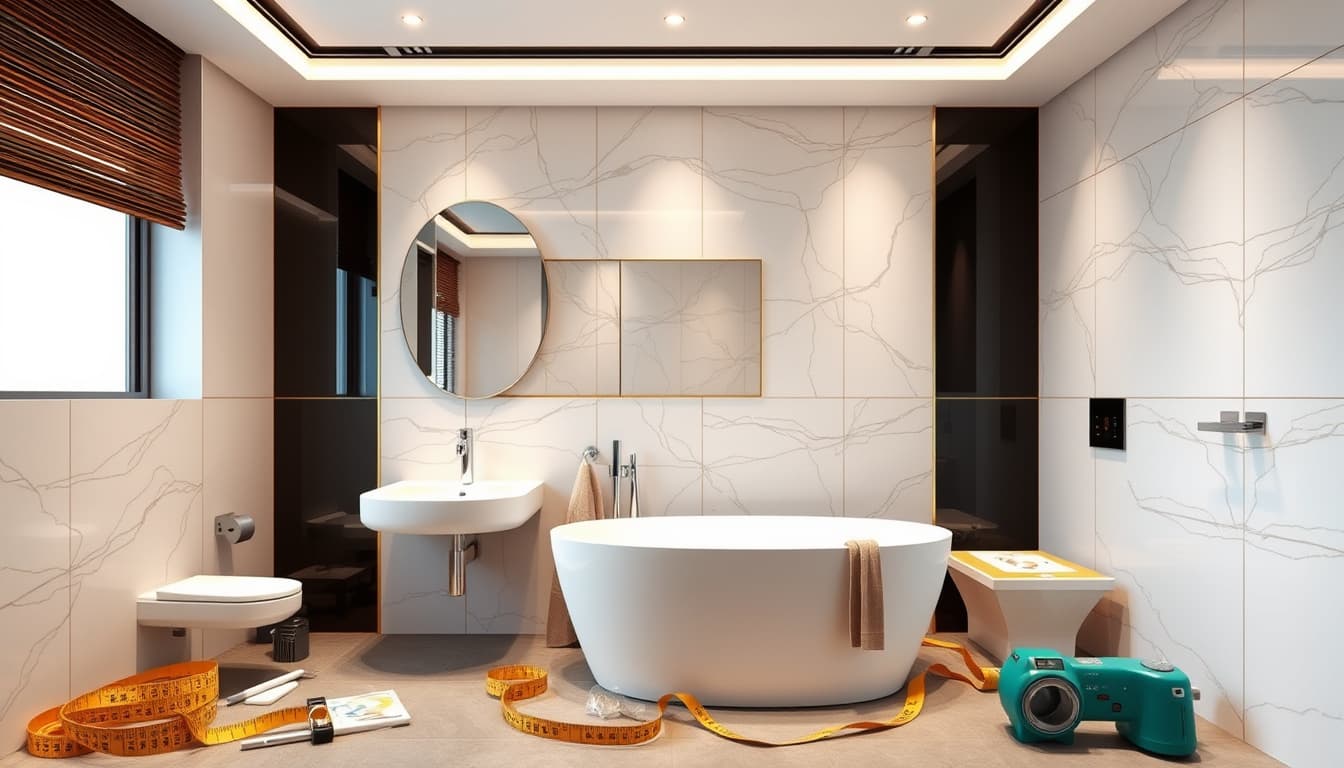 an upscale bathroom remodel scene featuring modern fixtures, elegant tiles, and stylish decor, with construction tools and a measuring tape scattered around, symbolizing the remodeling process. the environment evokes a sense of order and adherence to guidelines, highlighting a blend of luxury and practicality.