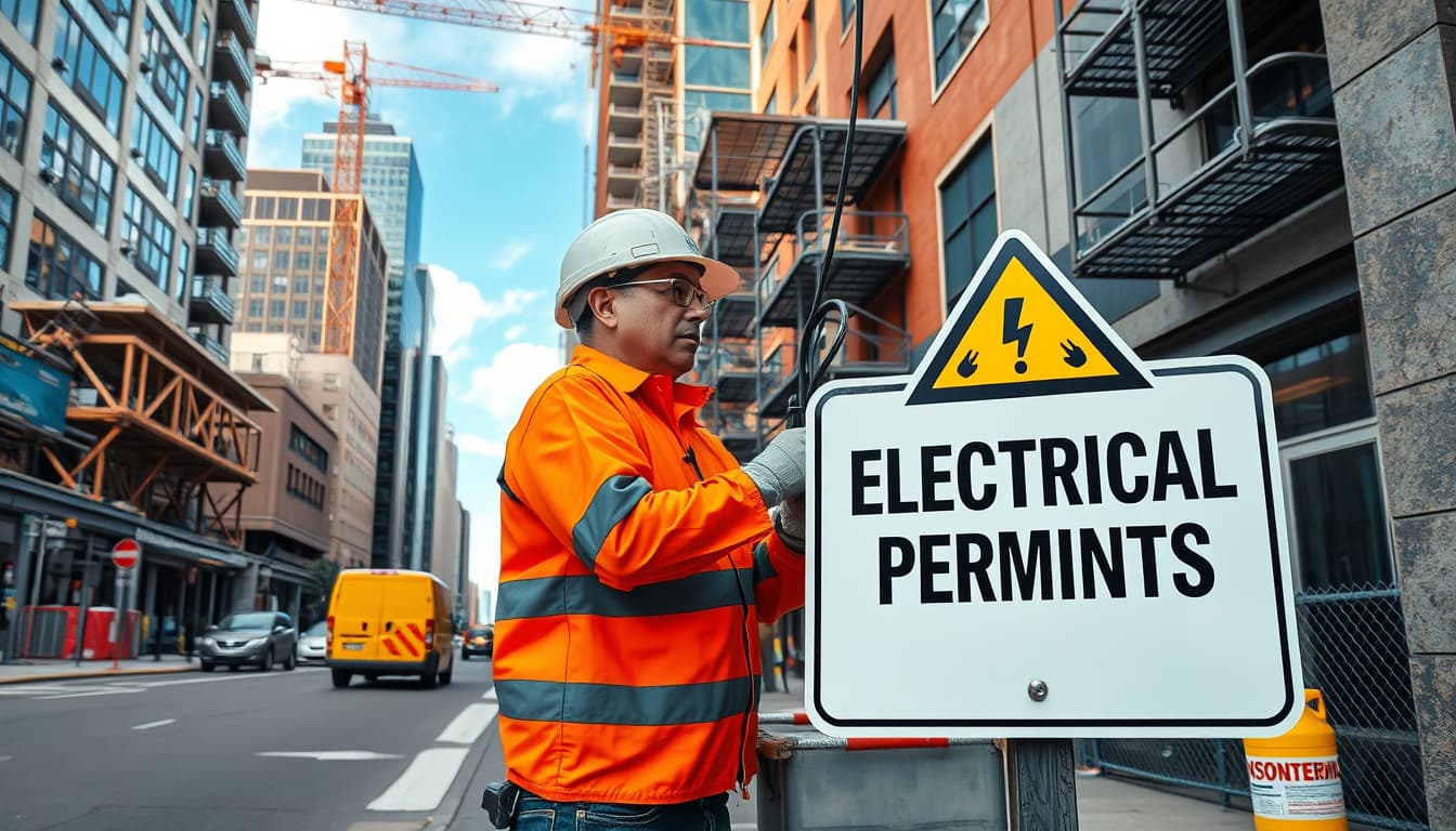 a busy denver street scene featuring various building constructions, with visible electrical work in action. highlight a construction worker focused on safely connecting wires while a warning sign about electrical permits stands nearby, showcasing the themes of safety and compliance.