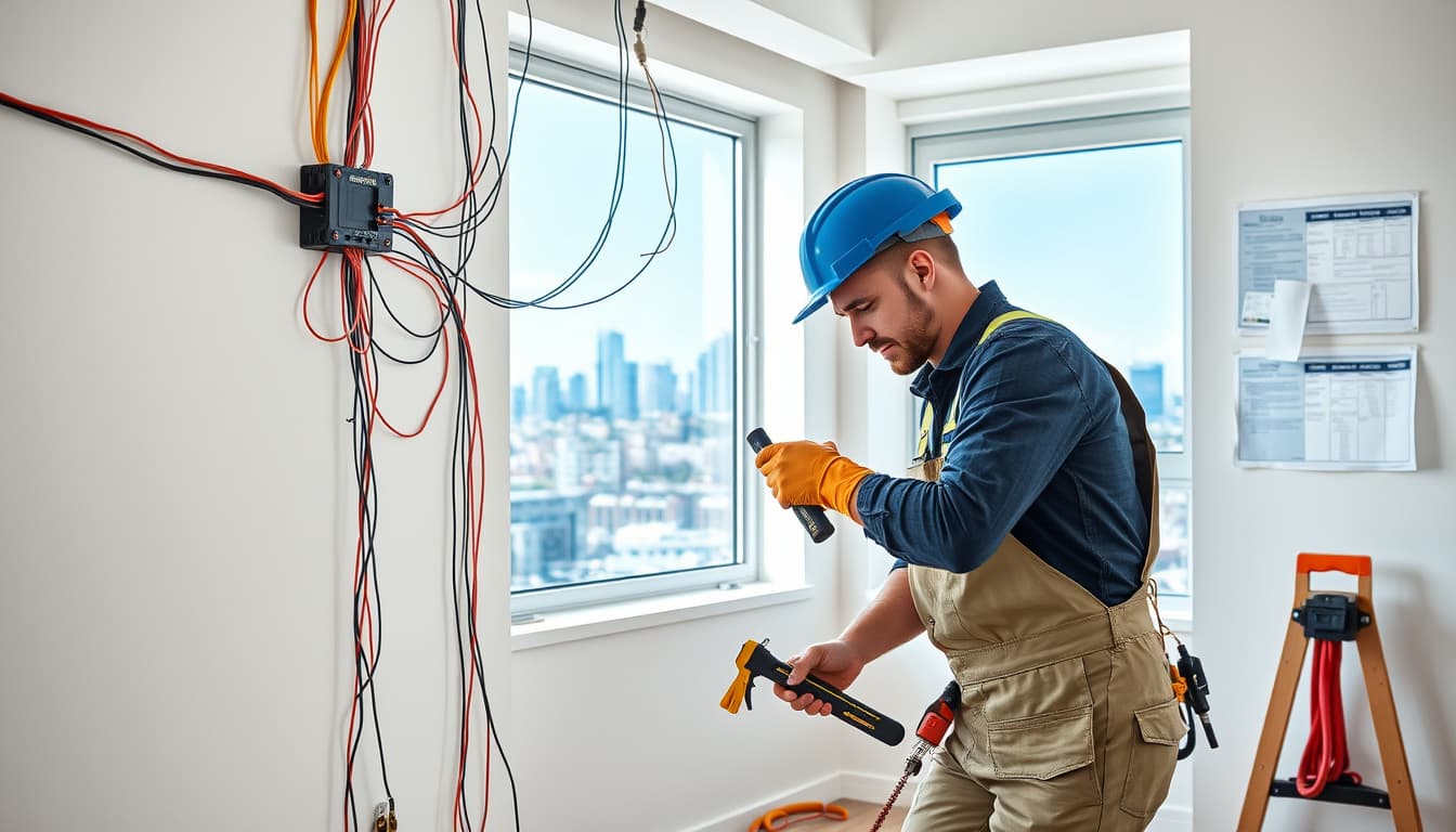 an electric technician rewiring a modern denver home interior, showcasing exposed walls with colorful wires and tools, a city skyline visible through a nearby window, and construction permits pinned on a board.