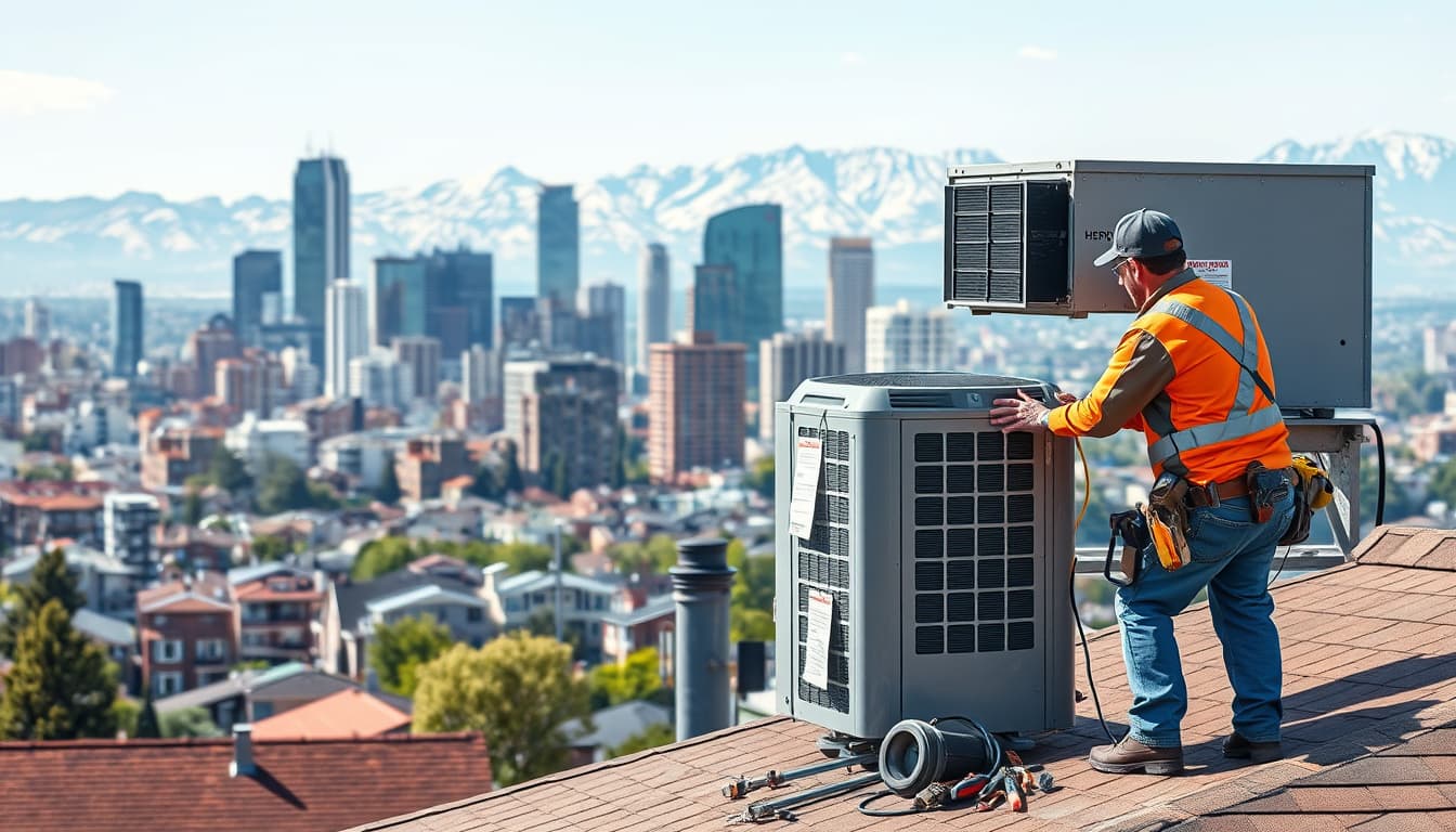 a bustling denver skyline in the background, showcasing a diverse range of residential buildings. in the foreground, an hvac contractor is skillfully installing a unit on a rooftop, surrounded by tools and equipment. the scene highlights safety gear, city permits hanging visibly, and the contractor collaborating with a homeowner, with mountains in the distance.