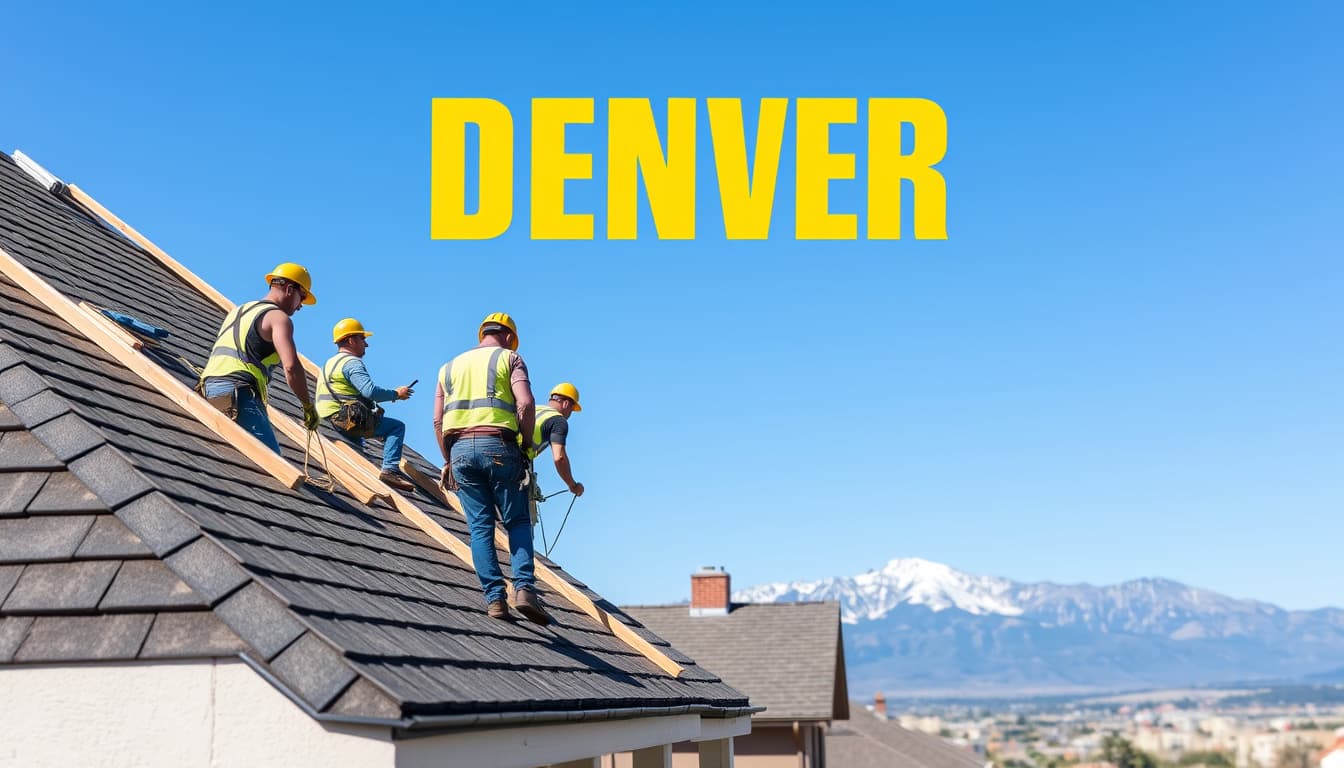 a group of roofers working on a residential building in denver, with the iconic rocky mountains in the background. the scene features construction workers in safety gear, detailed roofing materials, and a clear blue sky, highlighting the urban landscape and compliance with building codes.