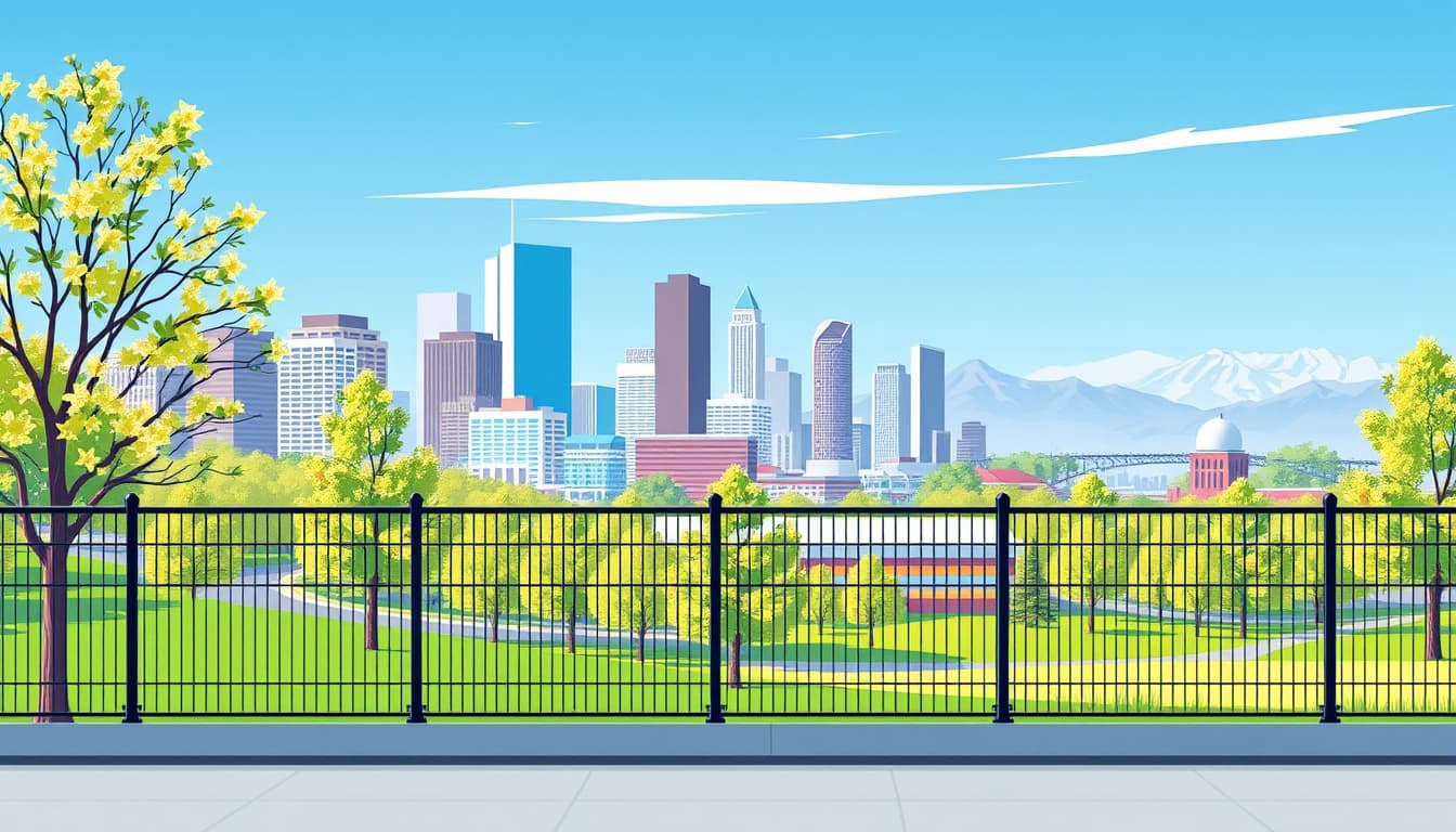 a modern urban fencing scene in denver, showcasing various styles of fences against a backdrop of the city skyline, incorporating elements of nature like trees and parks, with a clear blue sky and mountains in the distance.