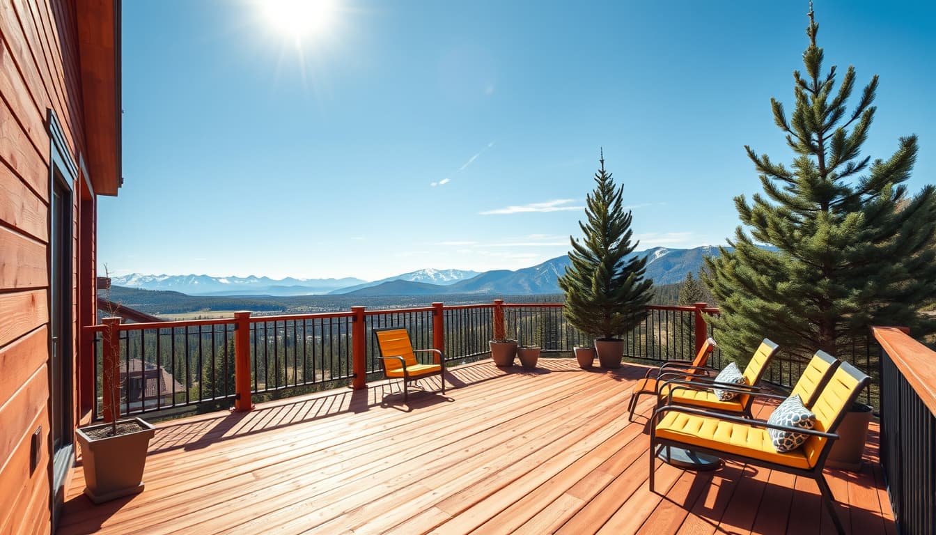 a beautiful deck in denver surrounded by mountains under a clear blue sky, showcasing a variety of wooden materials, safety railings, and bright outdoor furniture. include elements of nature like pine trees and sunlight filtering through the branches, emphasizing a serene and inviting atmosphere.