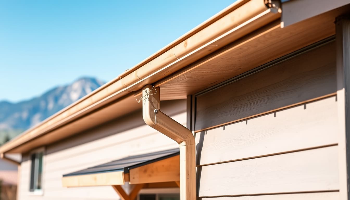 a close-up view of a residential house in denver showcasing improperly installed siding and clogged gutters, highlighting construction mistakes like misaligned panels and inadequate drainage, with a backdrop of the rocky mountains and a clear blue sky.