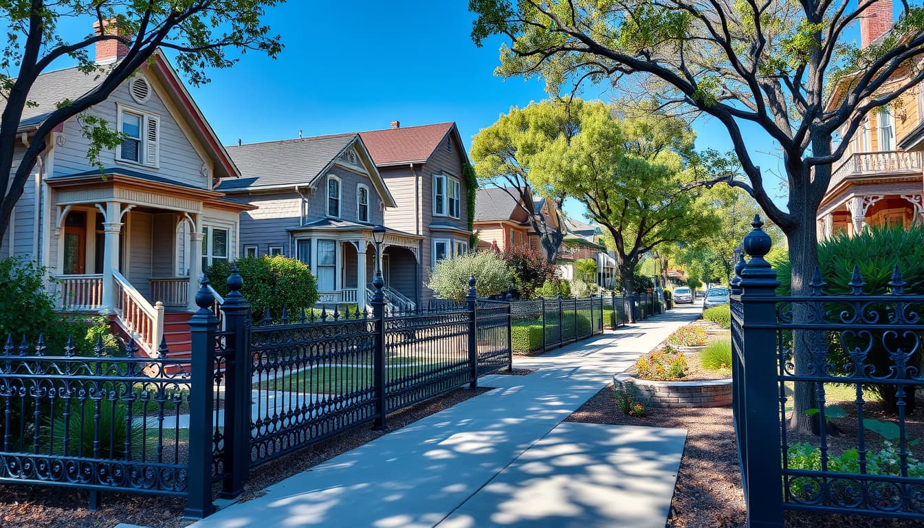 a picturesque historic district in denver featuring charming old houses with unique architectural details, surrounded by ornate decorative fences. the scene should capture the essence of the neighborhood's rich heritage and character, showcasing a variety of fence styles that reflect the historical significance of the area, with tree-lined streets and a clear blue sky.