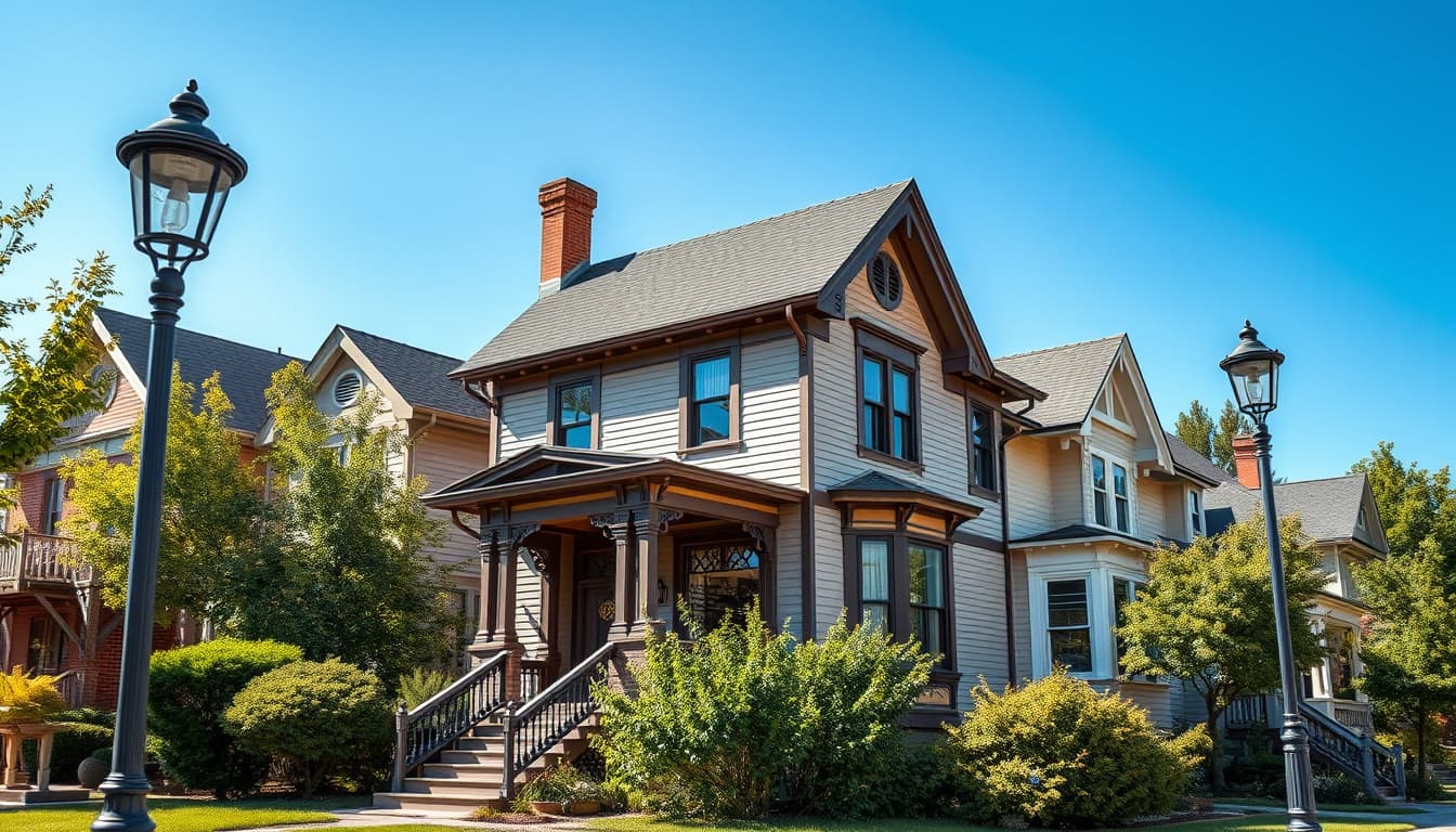 a charming historic neighborhood in denver with beautifully preserved victorian-style houses, showcasing intricate architectural details. focus on a house undergoing a siding project, incorporating traditional materials and styles, surrounded by lush greenery and vintage lampposts, under a clear blue sky.